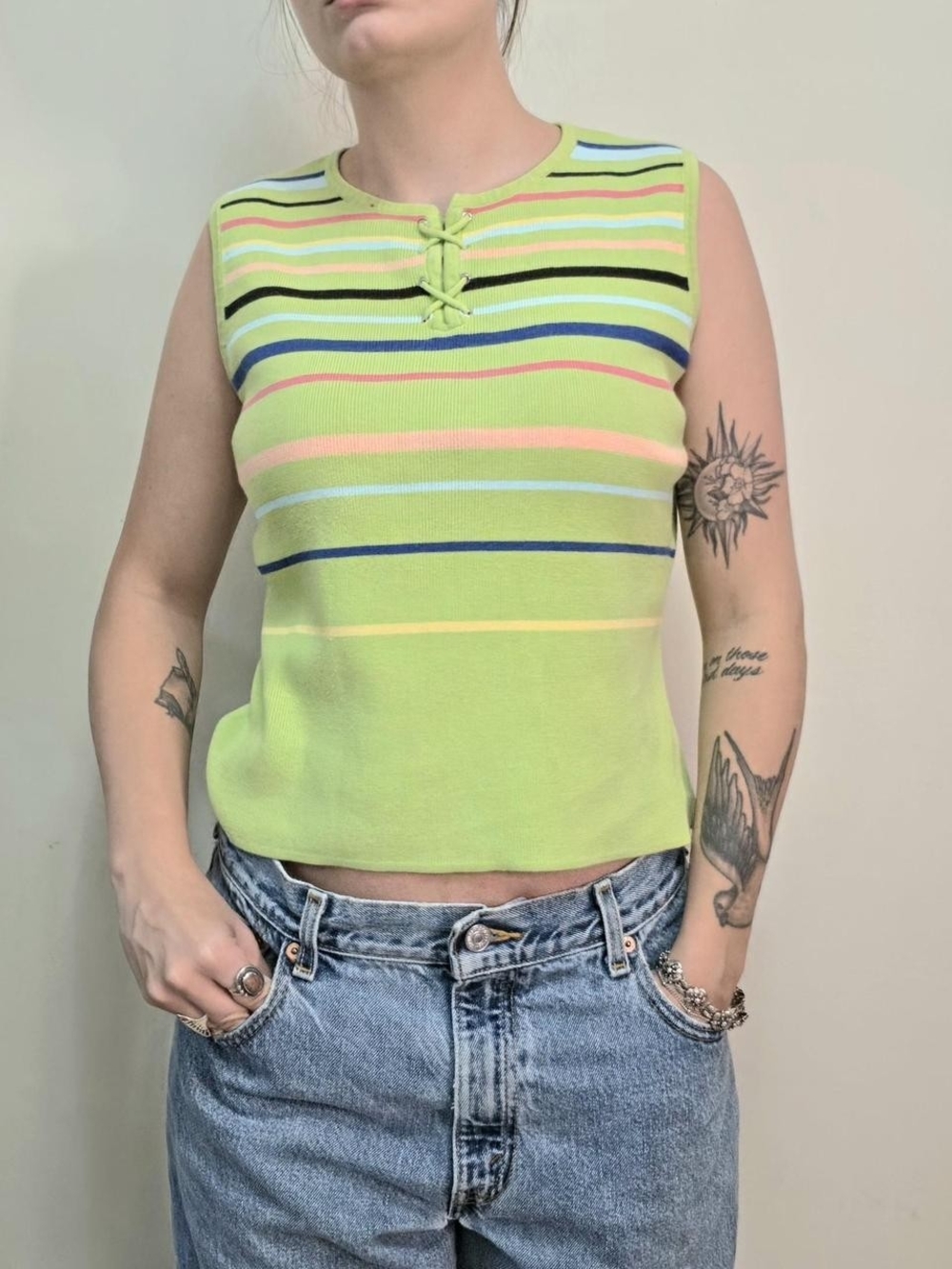 90s Vintage lime green striped tank top